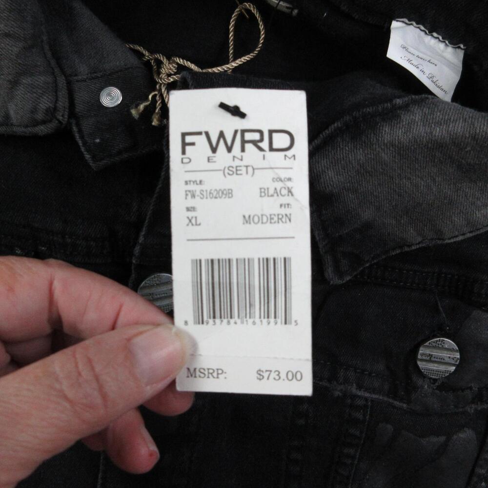 FWRD Denim Jacket Mens XL Black Biker Collared Pockets Stretch Button Tags NWT - Picture 7 of 16